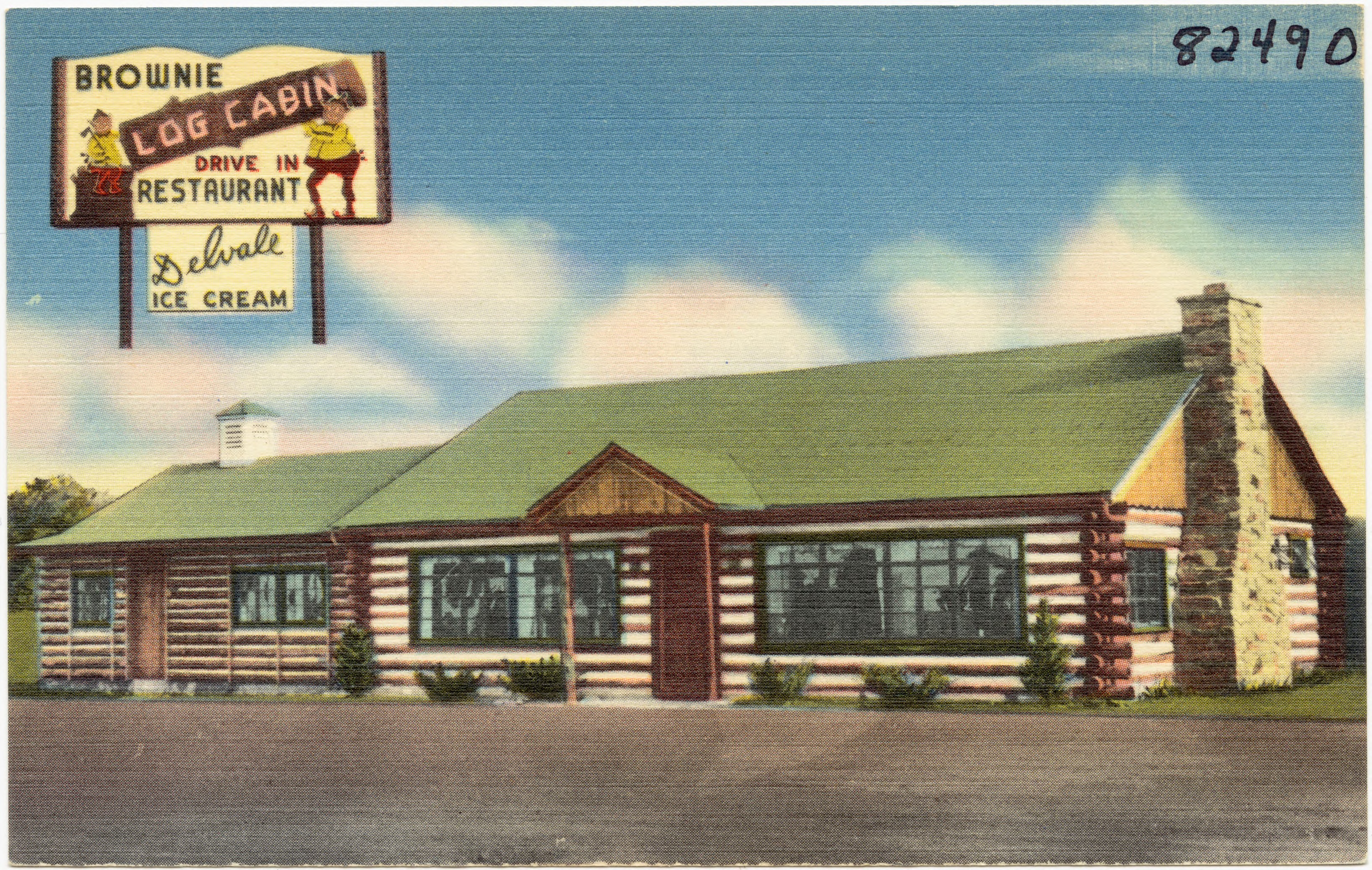 Vintage postcard of Brownie’s Log Cabin Drive-In Restaurant near Bel Air, showing a log cabin-style building, roadside sign and blue sky.