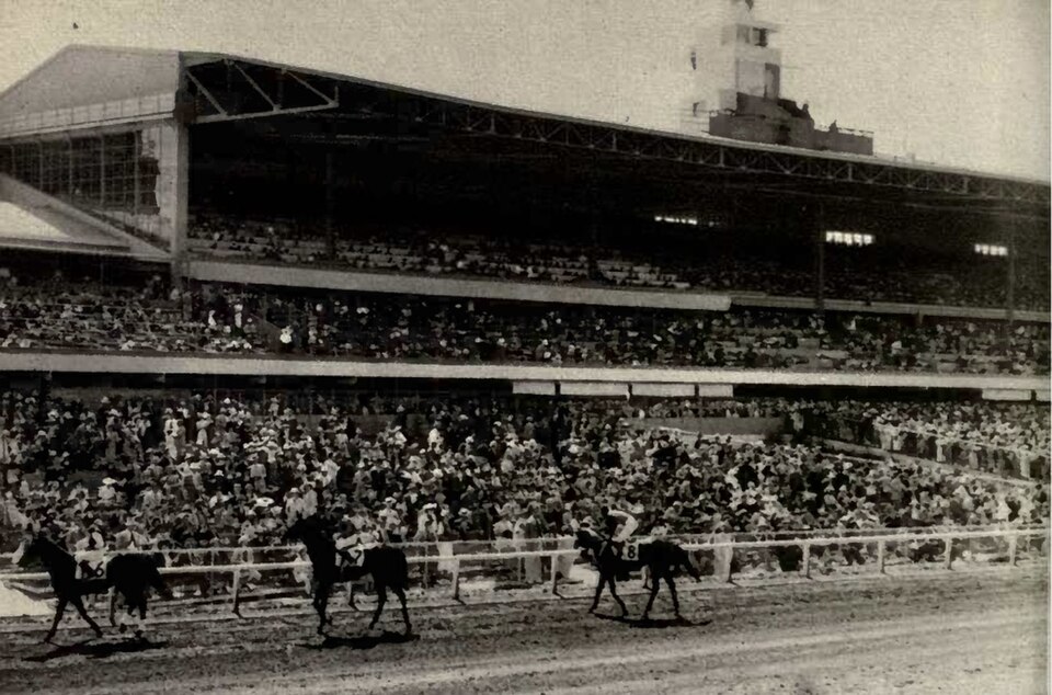 Hollywood Park Racetrack, the legendary Inglewood venue that later gave way to the modern Hollywood Park development. Historic photograph of Hollywood Park Racetrack in Inglewood, showing horses on the track and a large crowd watching from the grandstand.