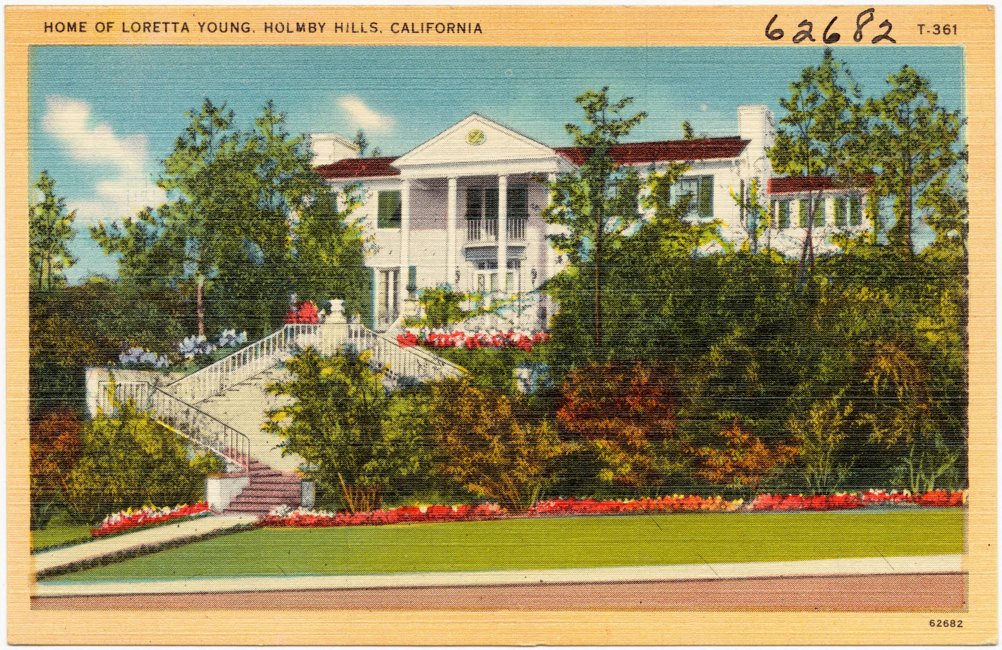 Vintage postcard of Loretta Young’s Holmby Hills home with formal landscaping.