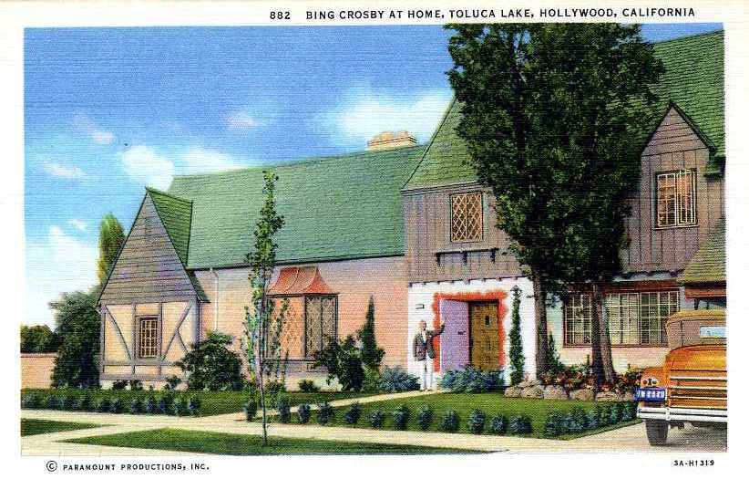 Vintage postcard showing Bing Crosby at home in Toluca Lake, Hollywood, California.