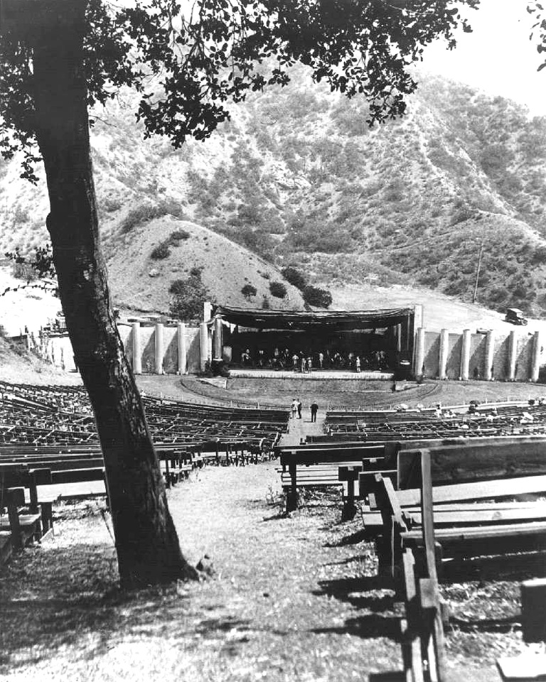 Historic 1922 view of the Hollywood Bowl with hillside seating and stage.