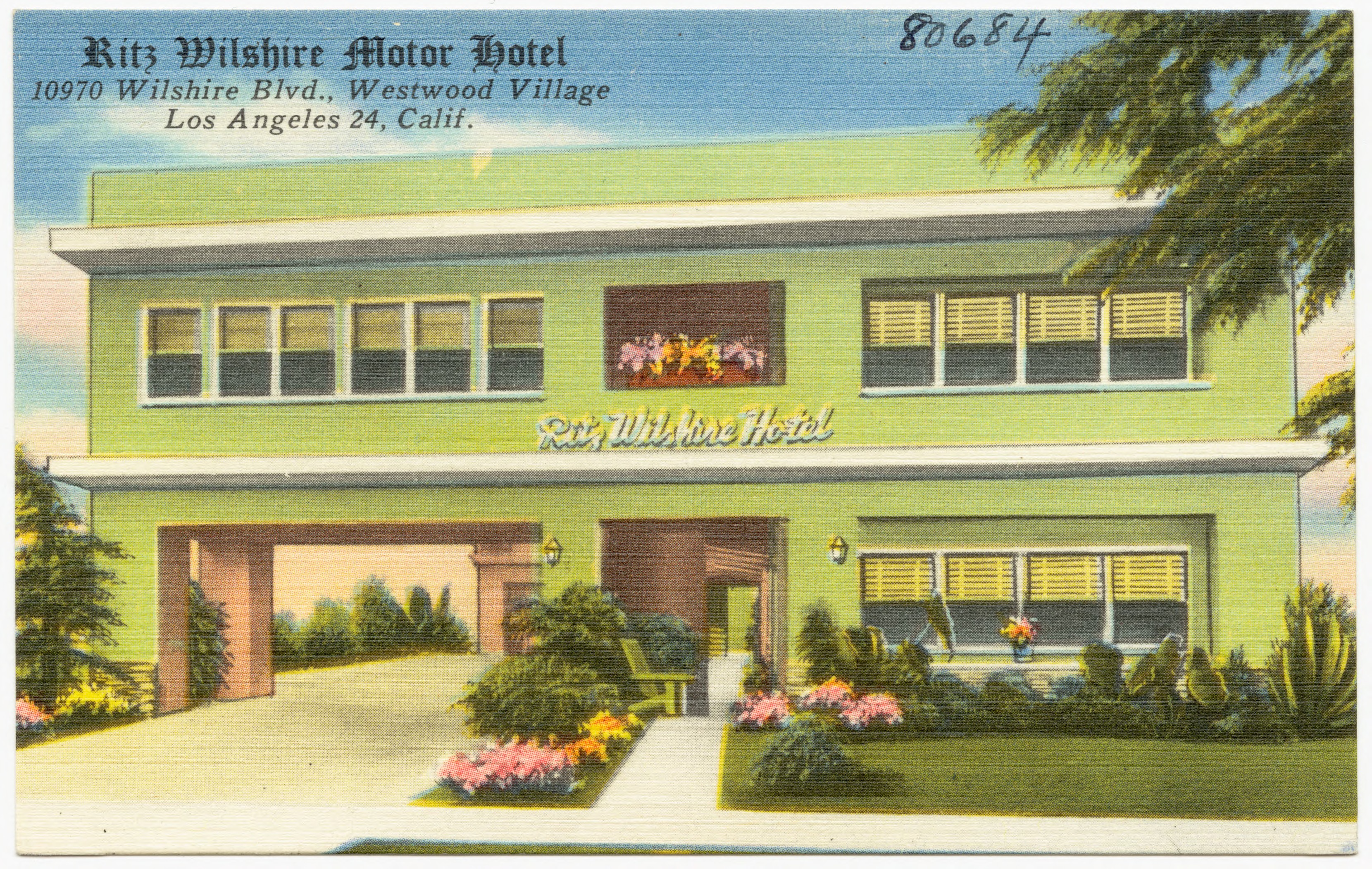 Vintage postcard of the Ritz Wilshire Motor Hotel in Westwood Village, Los Angeles.