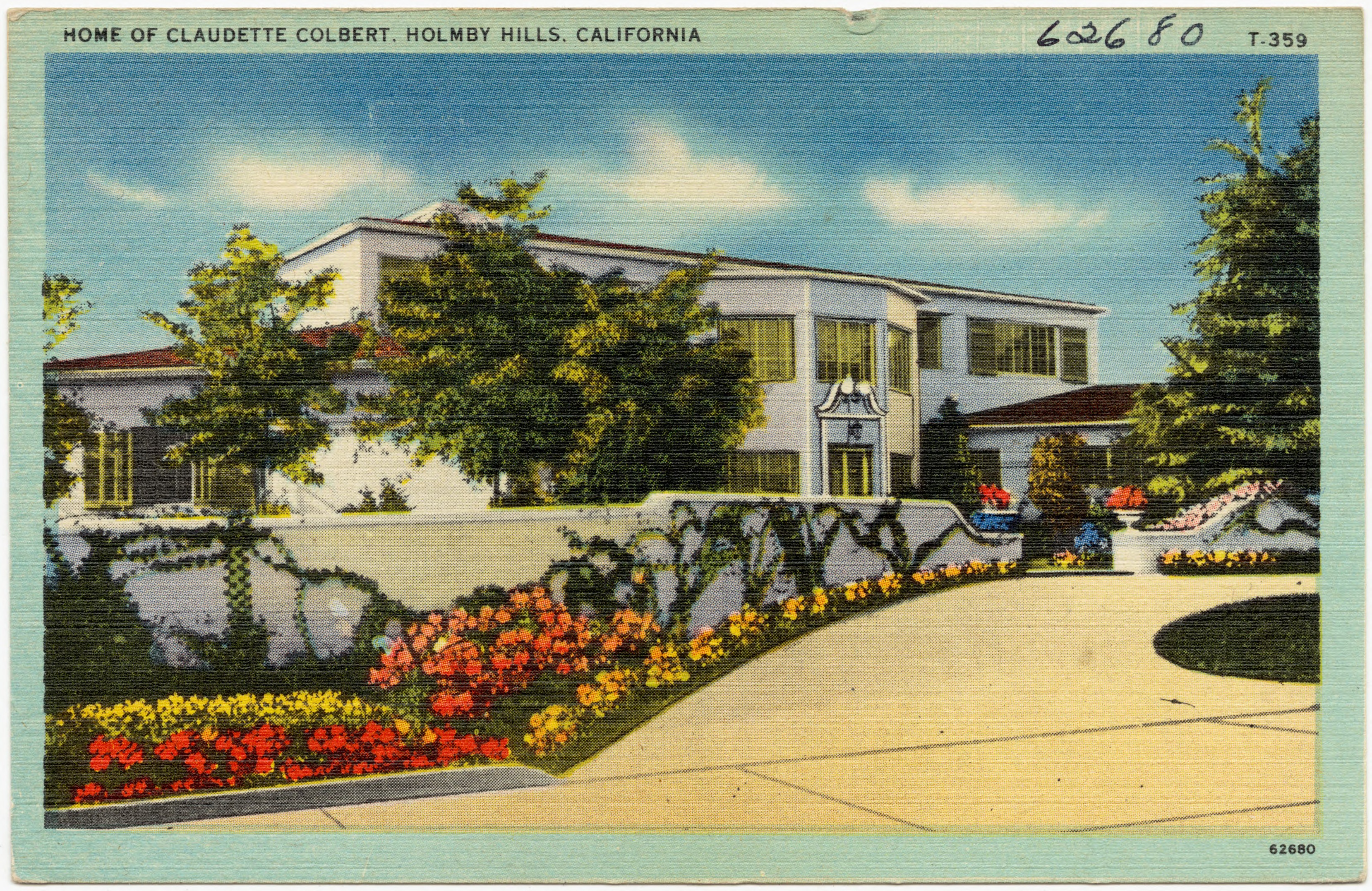 Vintage postcard of Claudette Colbert’s Holmby Hills estate.