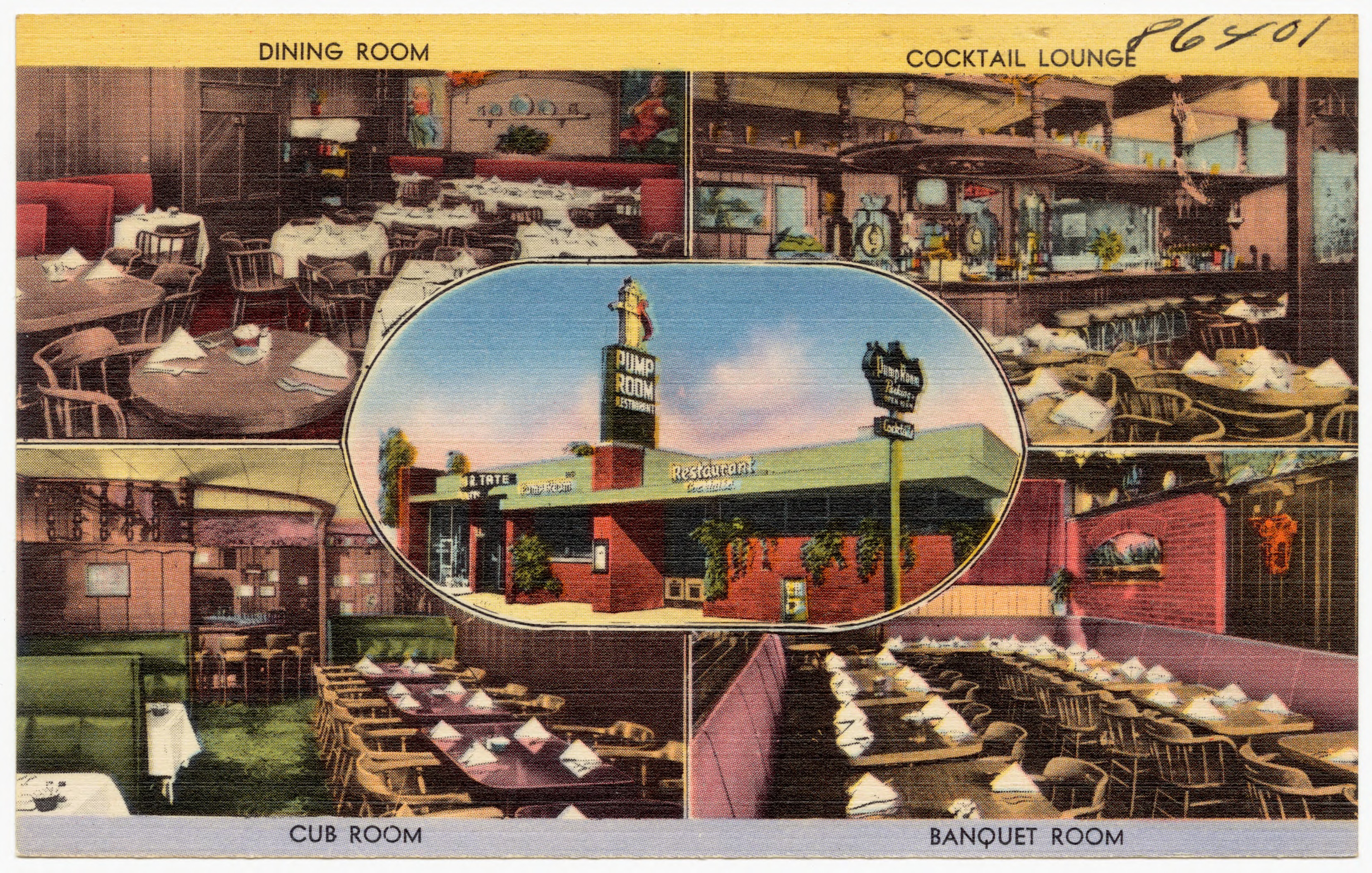 Vintage postcards of Ventura Boulevard restaurants show Studio City’s long connection to nightlife, dining and entertainment culture. Vintage postcard showing Roy Harlow’s Pump Room dining room, cocktail lounge and banquet room in Studio City.