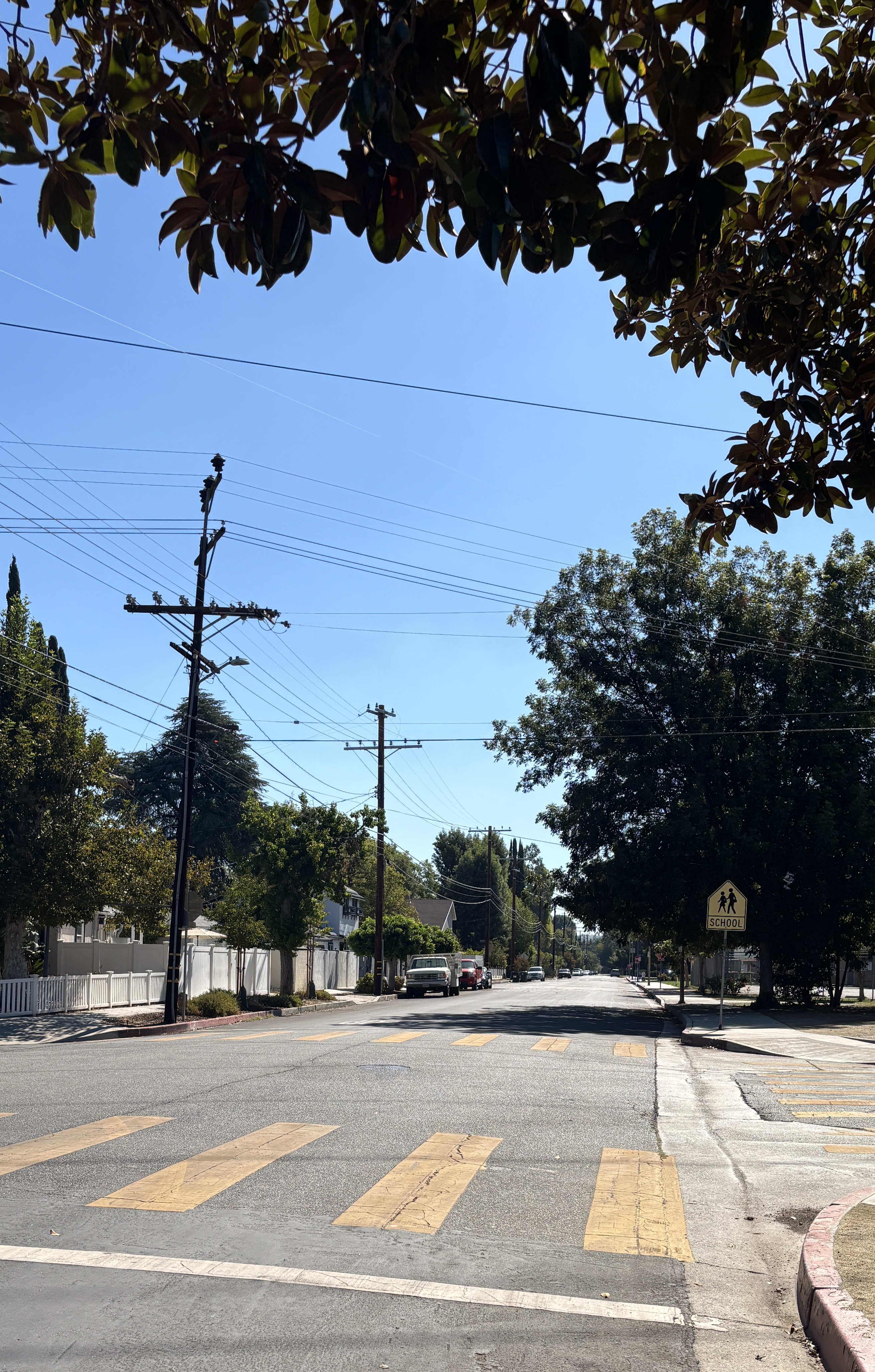 Tarzana’s residential streets offer a quiet Valley lifestyle near Ventura Boulevard. A quiet residential street in Tarzana with trees, power lines and a school crossing sign.