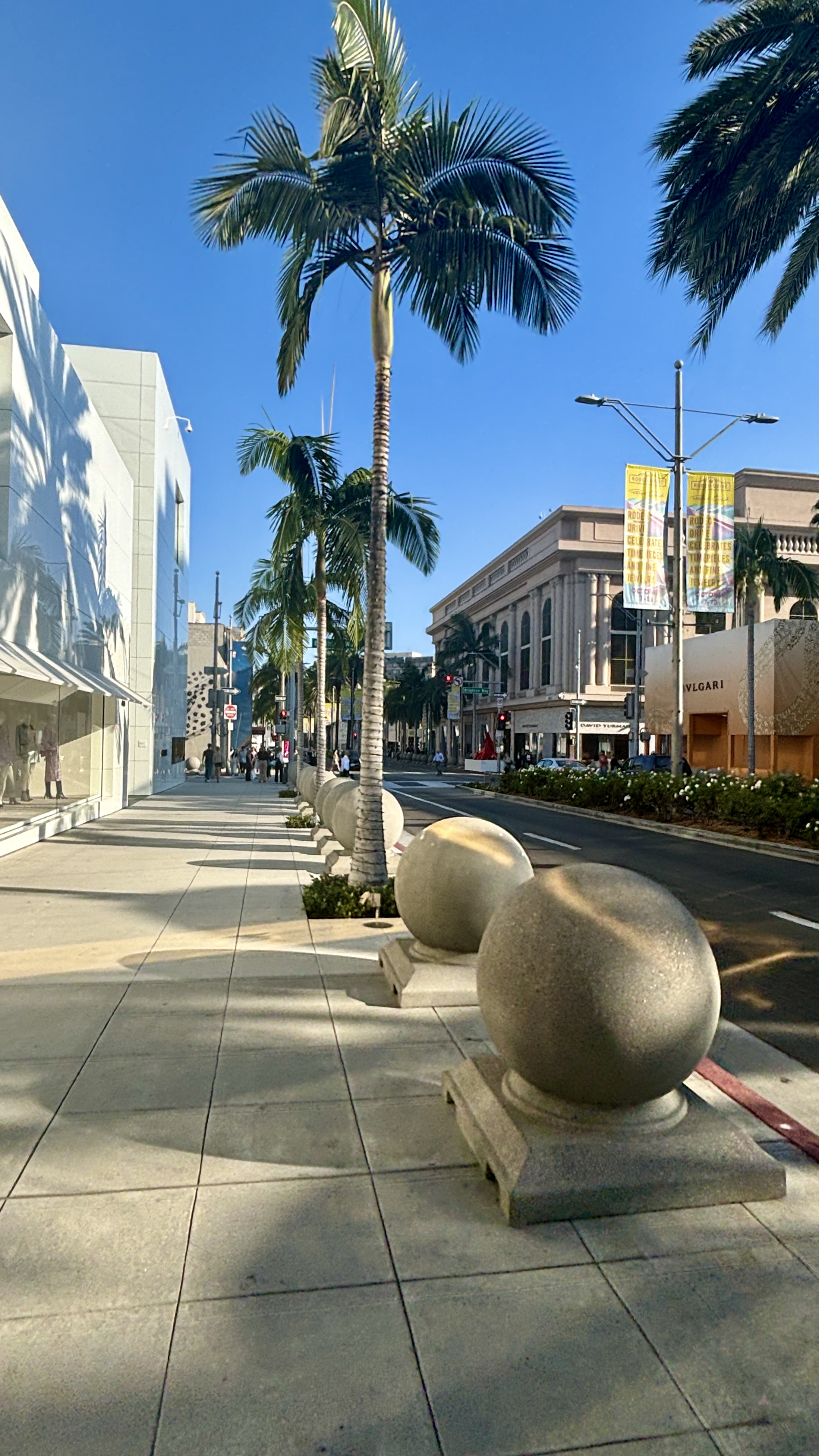 Palm-lined Rodeo Drive in Beverly Hills with luxury storefronts.