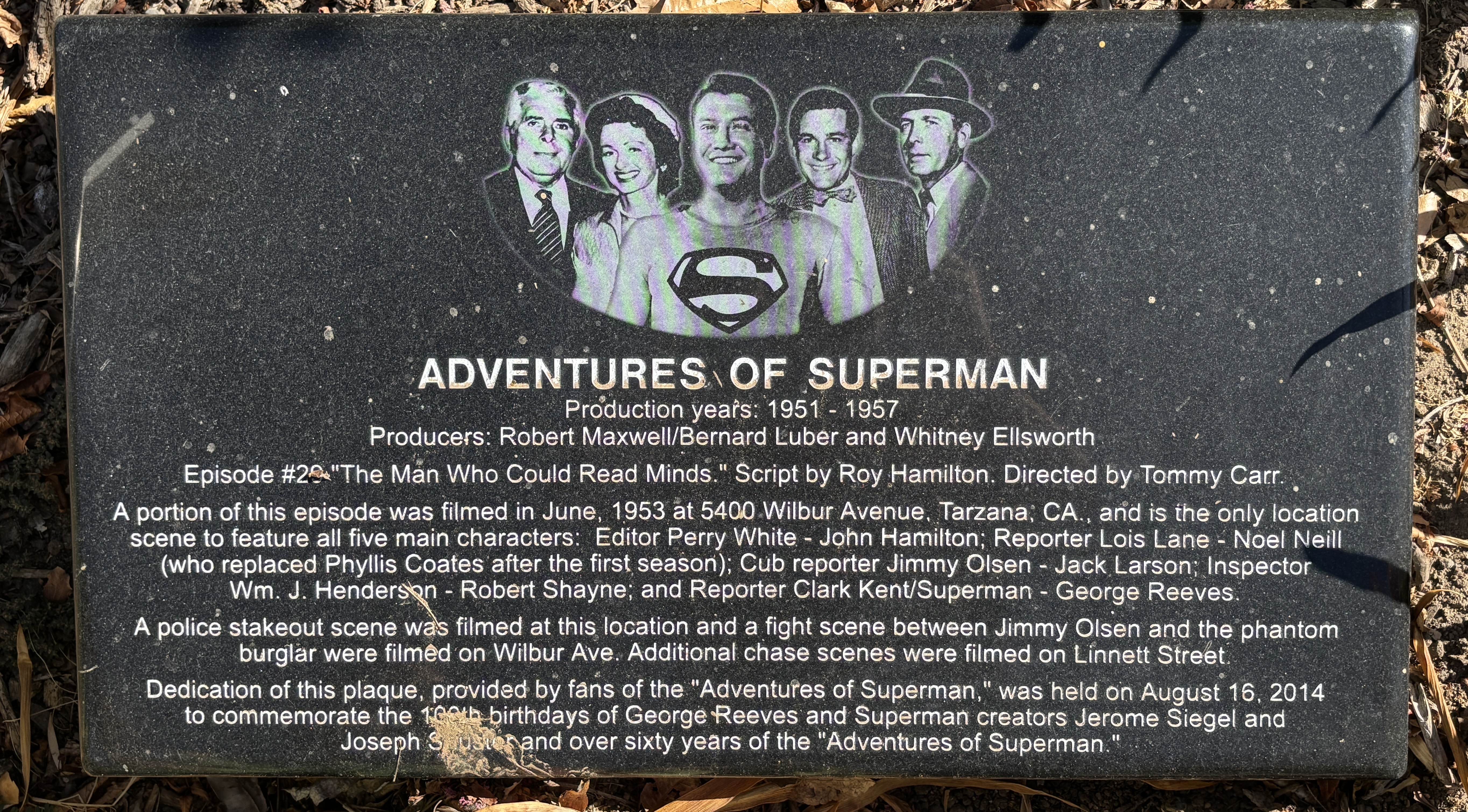 Tarzana entertainment history plaque commemorating classic television filming. A plaque in Tarzana commemorating a classic television filming location.
