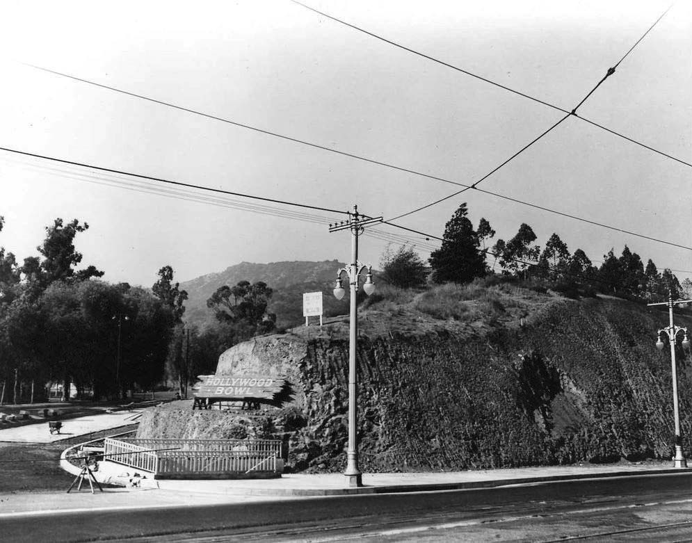Historic black-and-white photo of the Hollywood Bowl entrance in 1930.