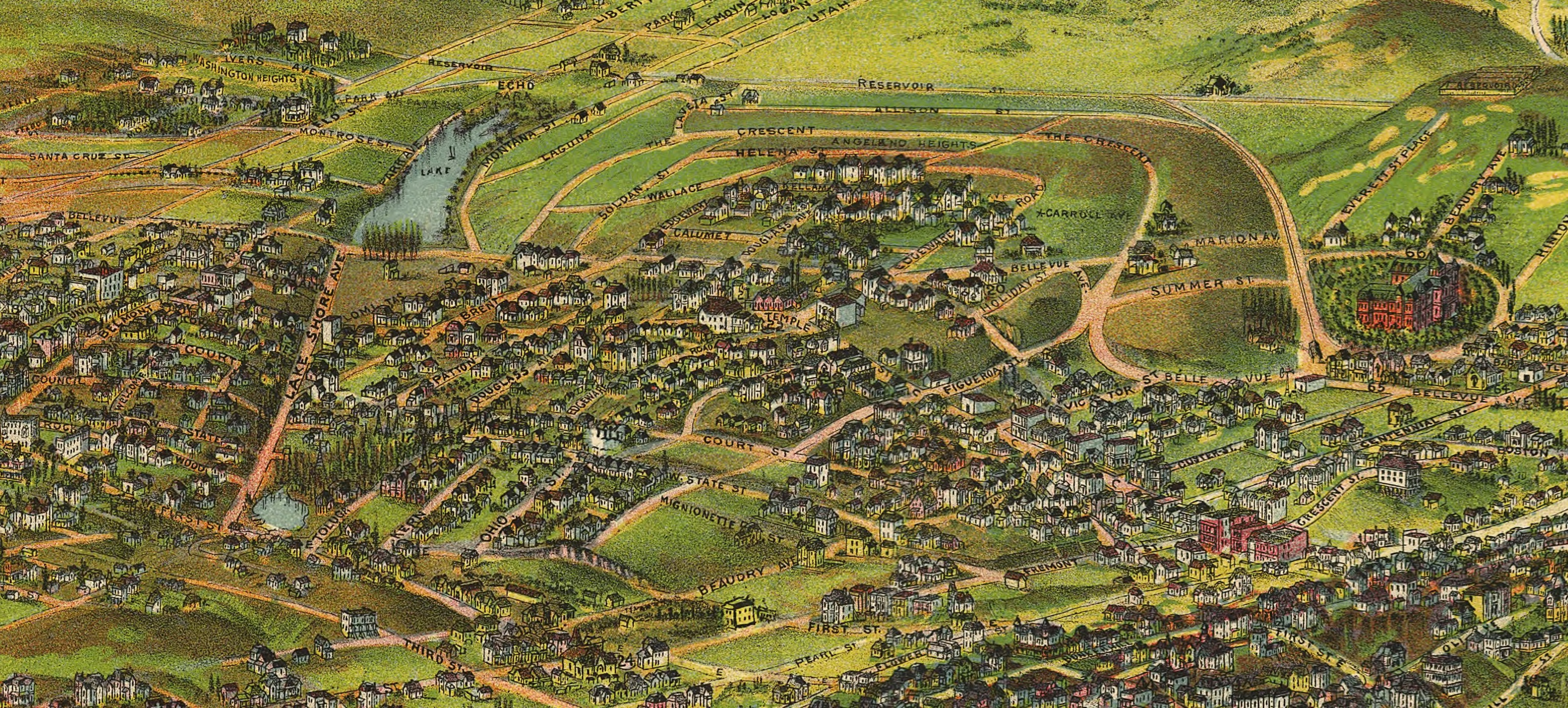 Historic illustrated map of the Temple-Beaudry district and hills around Echo Park in Los Angeles.