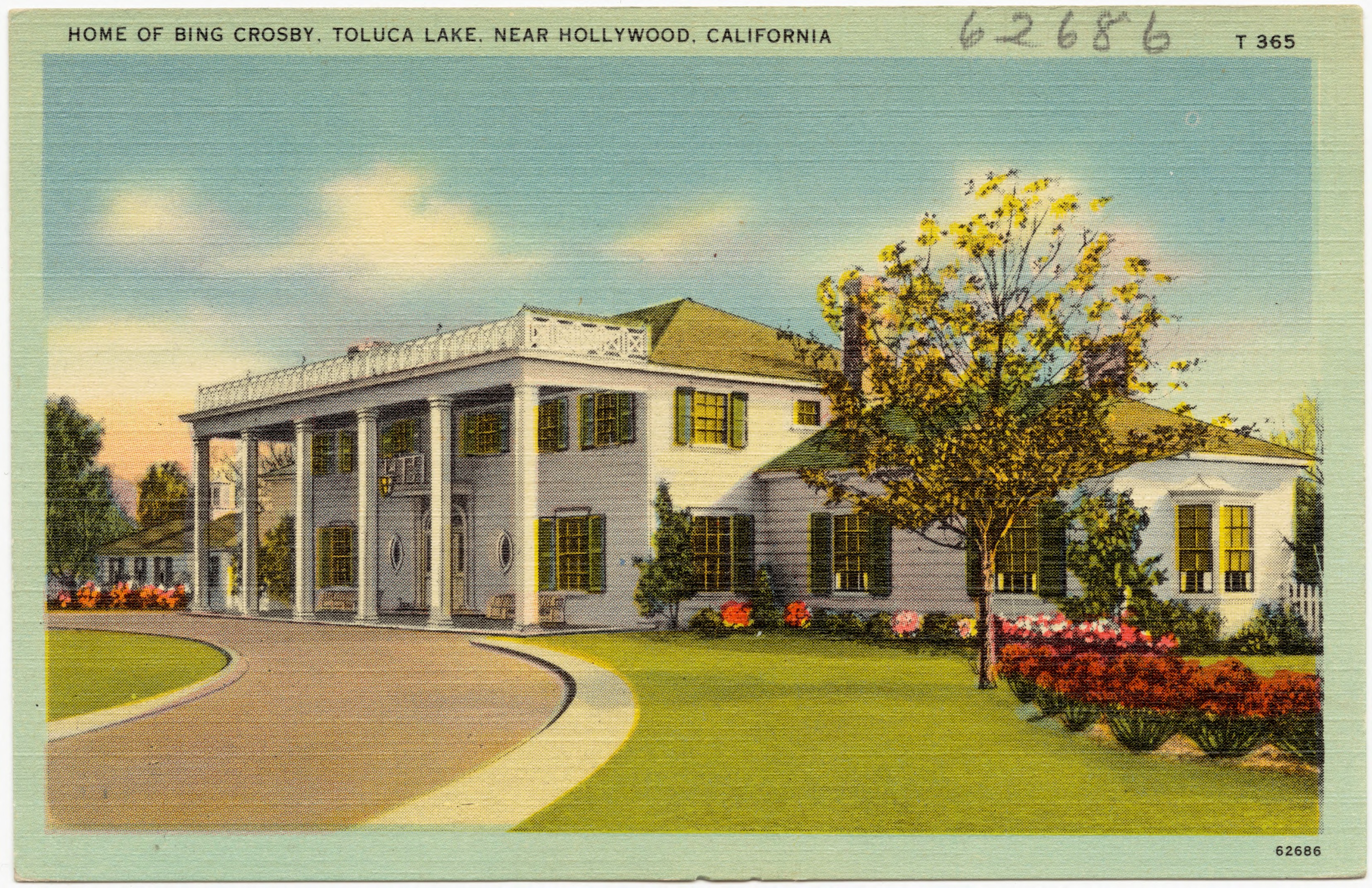 Vintage postcard showing Bing Crosby at home in Toluca Lake, Hollywood, California.