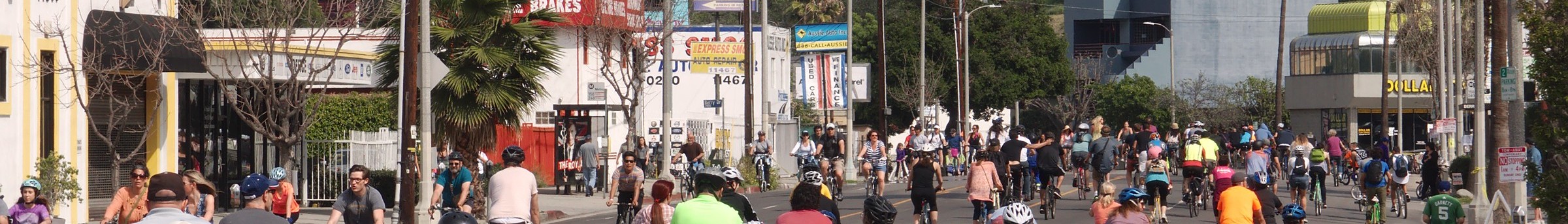 Ventura Boulevard gives Studio City its neighborhood energy, connecting restaurants, shops, studios and residential pockets. Cyclists and pedestrians on Ventura Boulevard in Studio City during CicLAvia.