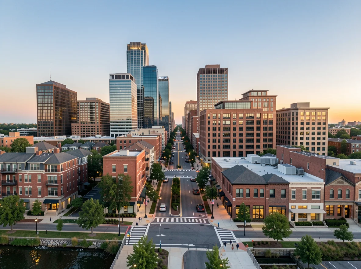 Charlotte skyline and urban neighborhood streetscape