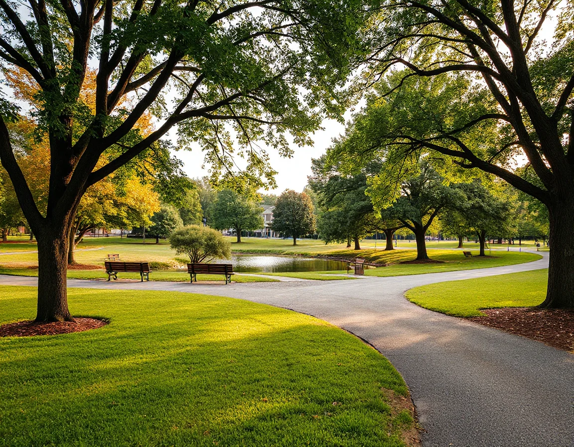 Walking path and lake at a Matthews public park
