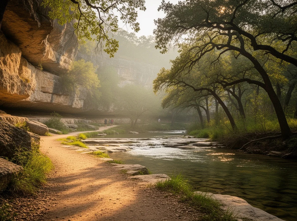 Trail scene along Austin greenbelt with creek and limestone
