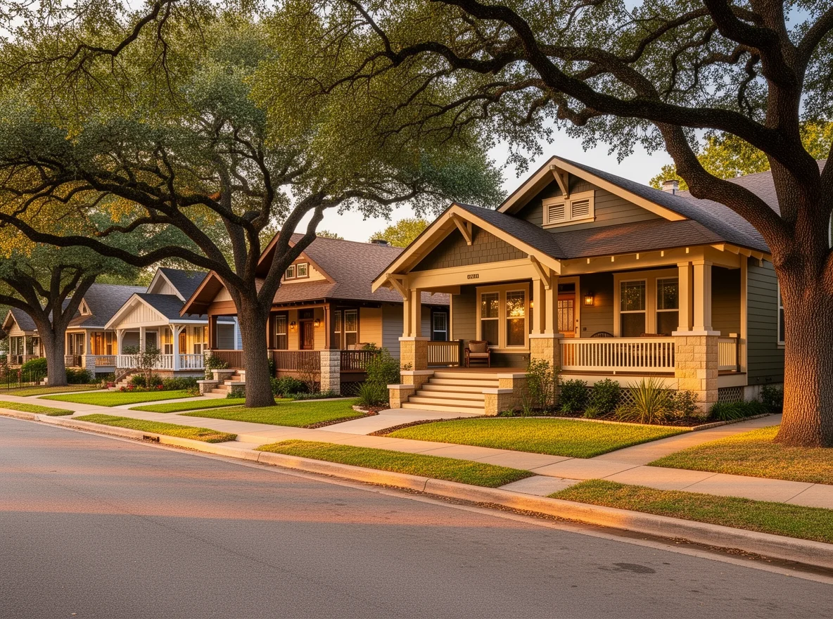 Historic bungalow-style homes under oak trees in central Austin