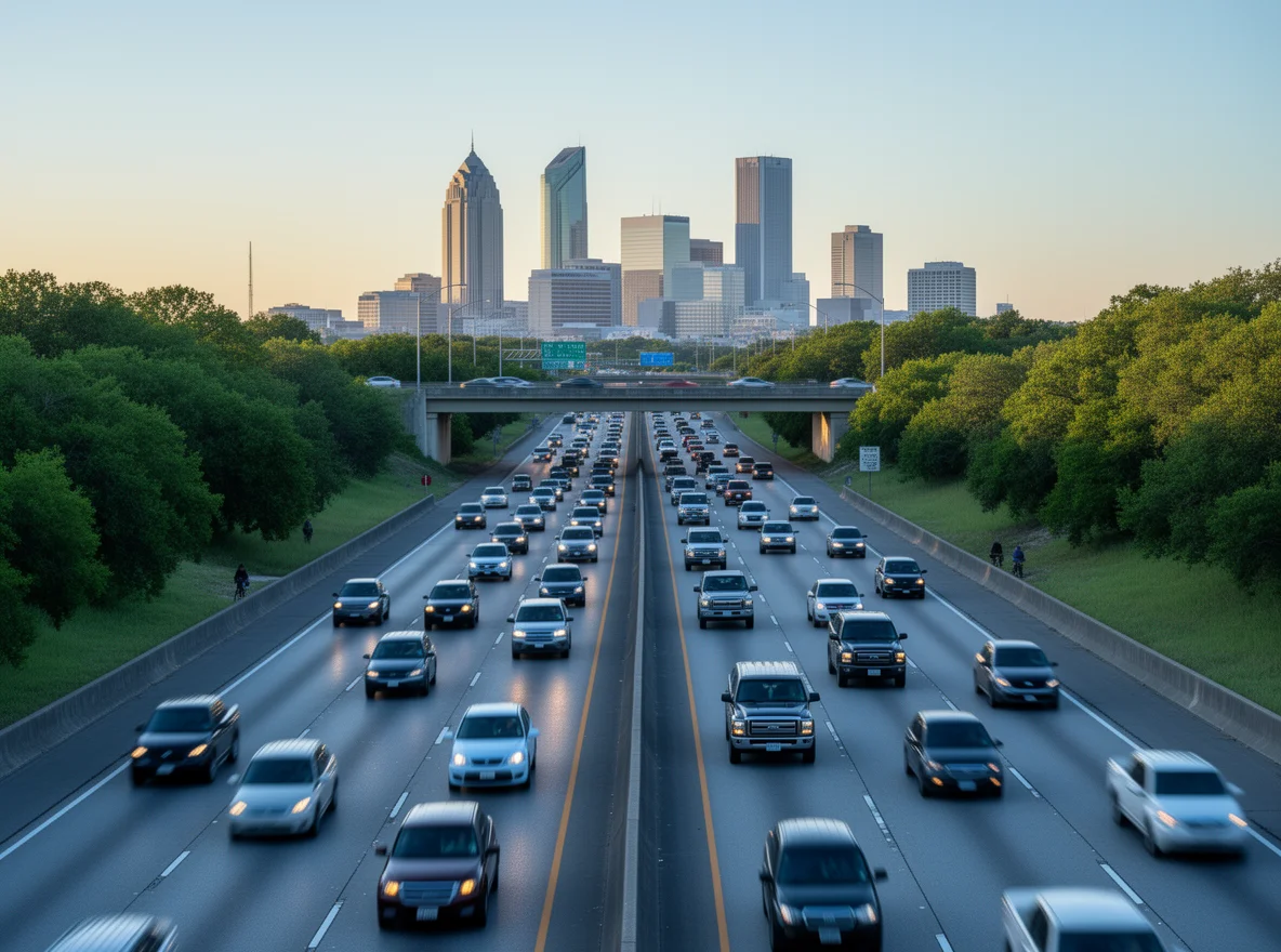 Morning commuter traffic with Austin skyline