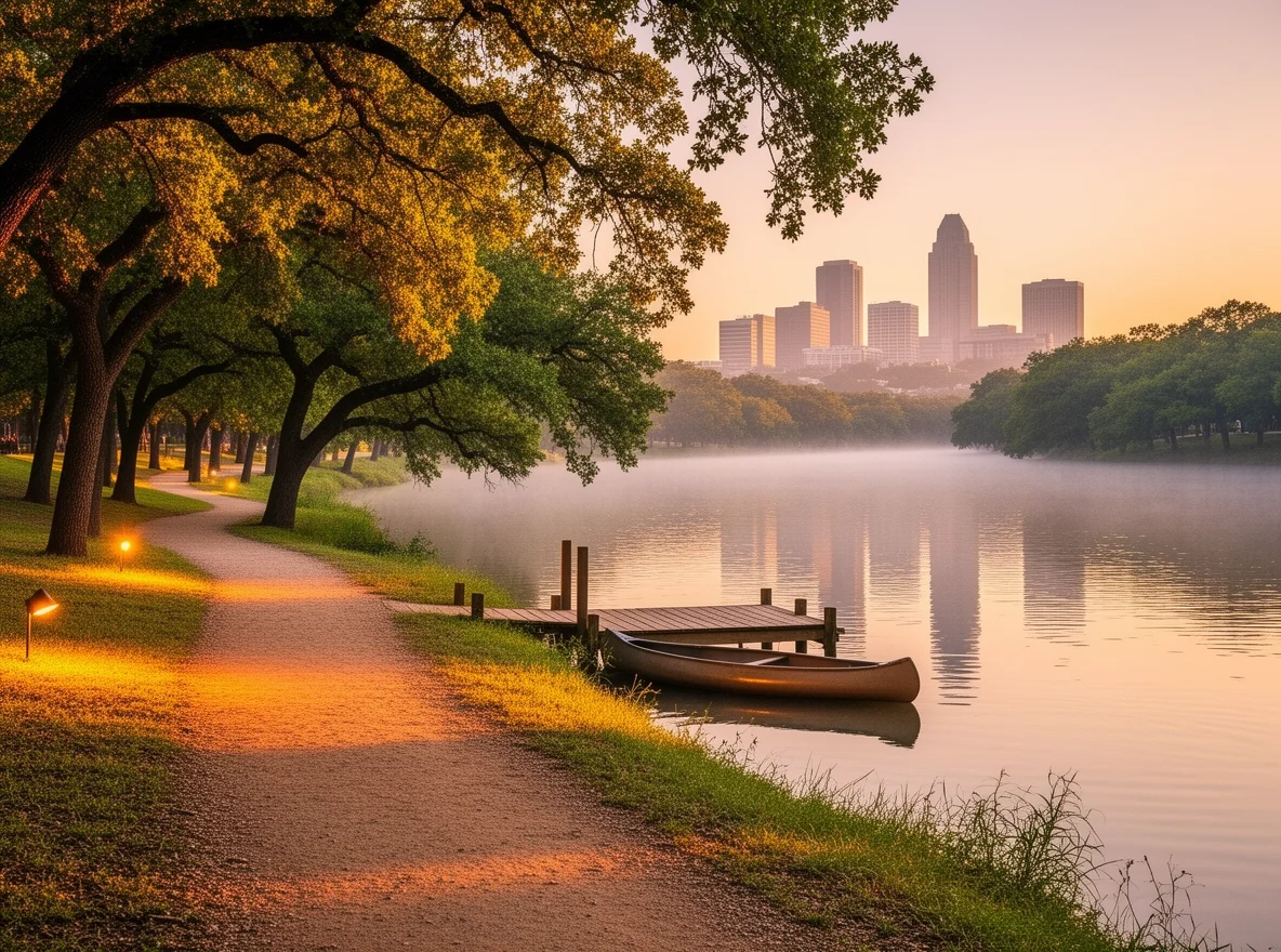 Lady Bird Lake with Austin skyline at sunset
