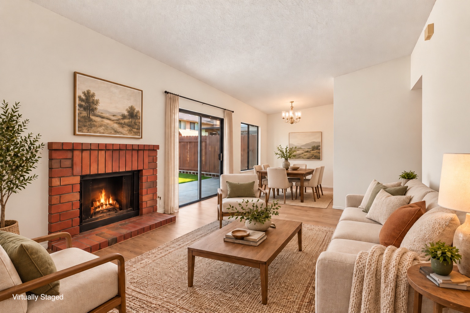 Virtually staged living room at 26120 Galvez Ct, Santa Clarita, CA 91355, featuring a brick fireplace, sliding doors to the backyard, and an open layout connecting to the dining room. Single story 3-bedroom home listed at $635,000 in Valencia by The Kathy Watterson Team at RE/MAX of Santa Clarita.