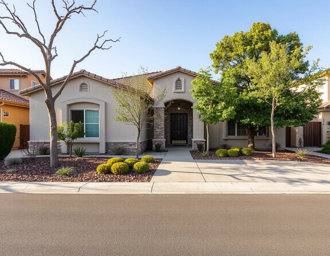 Contemporary Valencia home exterior with landscaped front yard