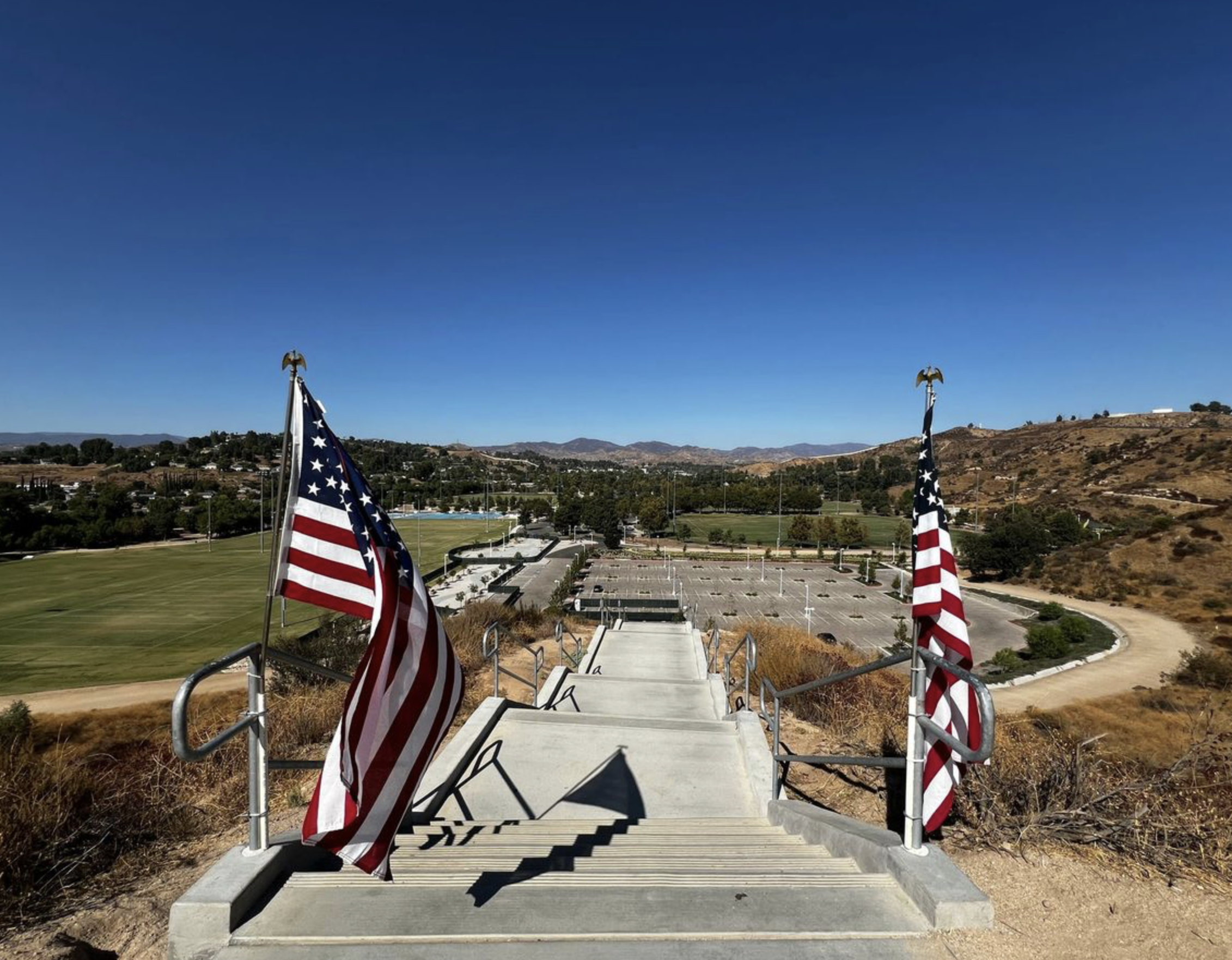 Central Park stairs and overview of park and walking path in Santa Clarita