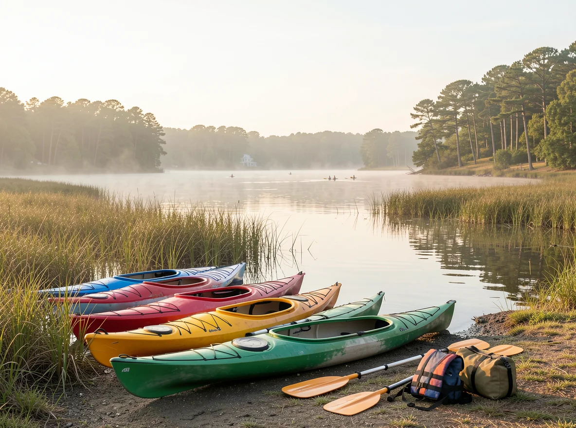 Kayaks on calm coastal water near marshland in Delaware