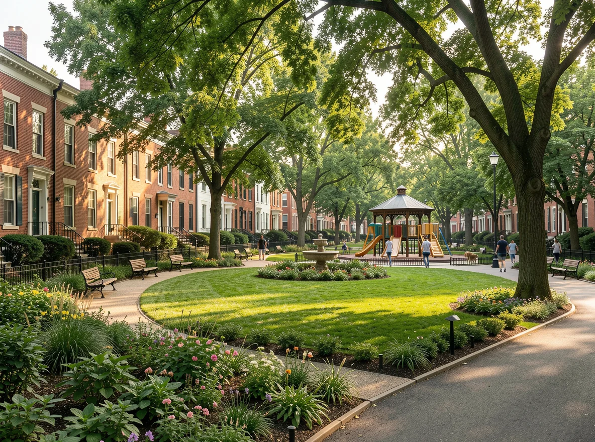 Philadelphia neighborhood park and rowhome setting