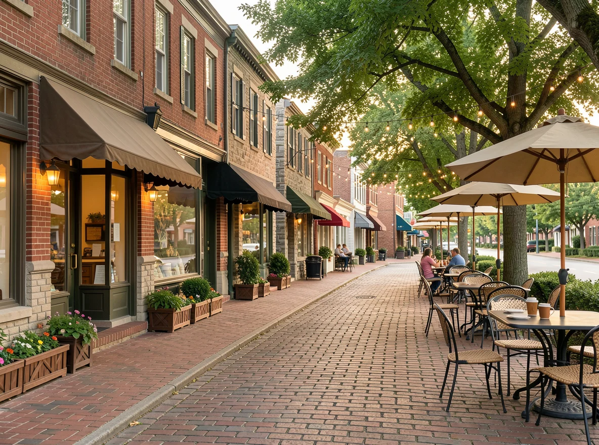 Historic Chester County streetscape with brick buildings and mature trees
