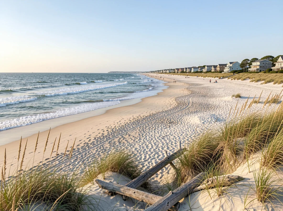 Dune-lined Delaware beach with wide sandy shoreline and coastal homes in the distance