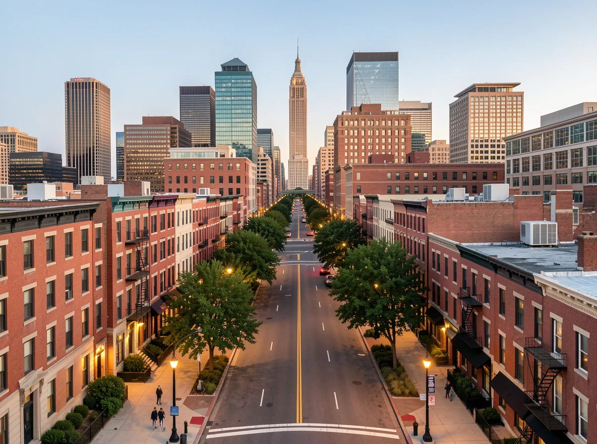 Philadelphia skyline and historic streetscape