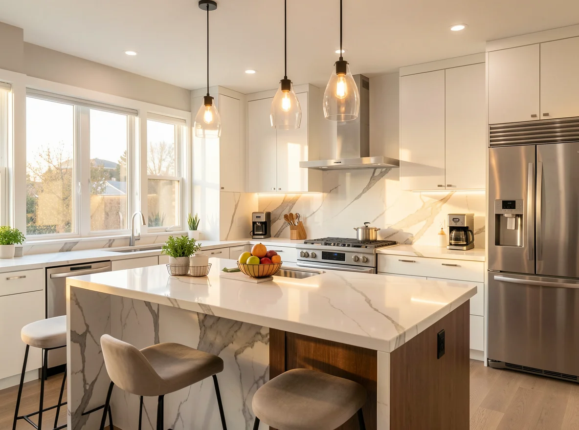 Bright modern kitchen with efficient lighting and upgraded windows
