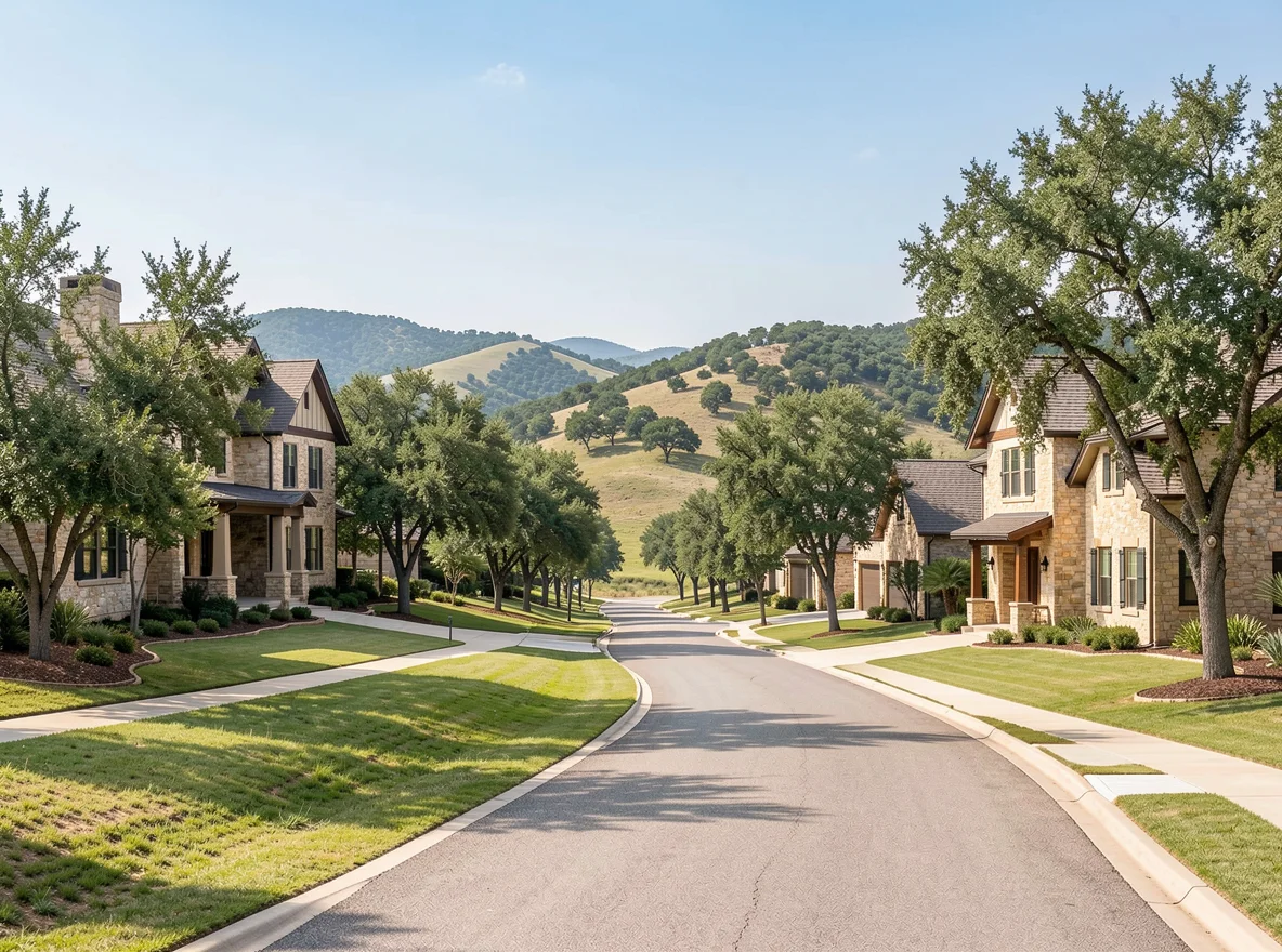 Lakeway streetscape with hill country homes and mature landscaping