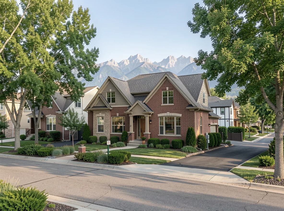 Denver residential streetscape with mountain backdrop