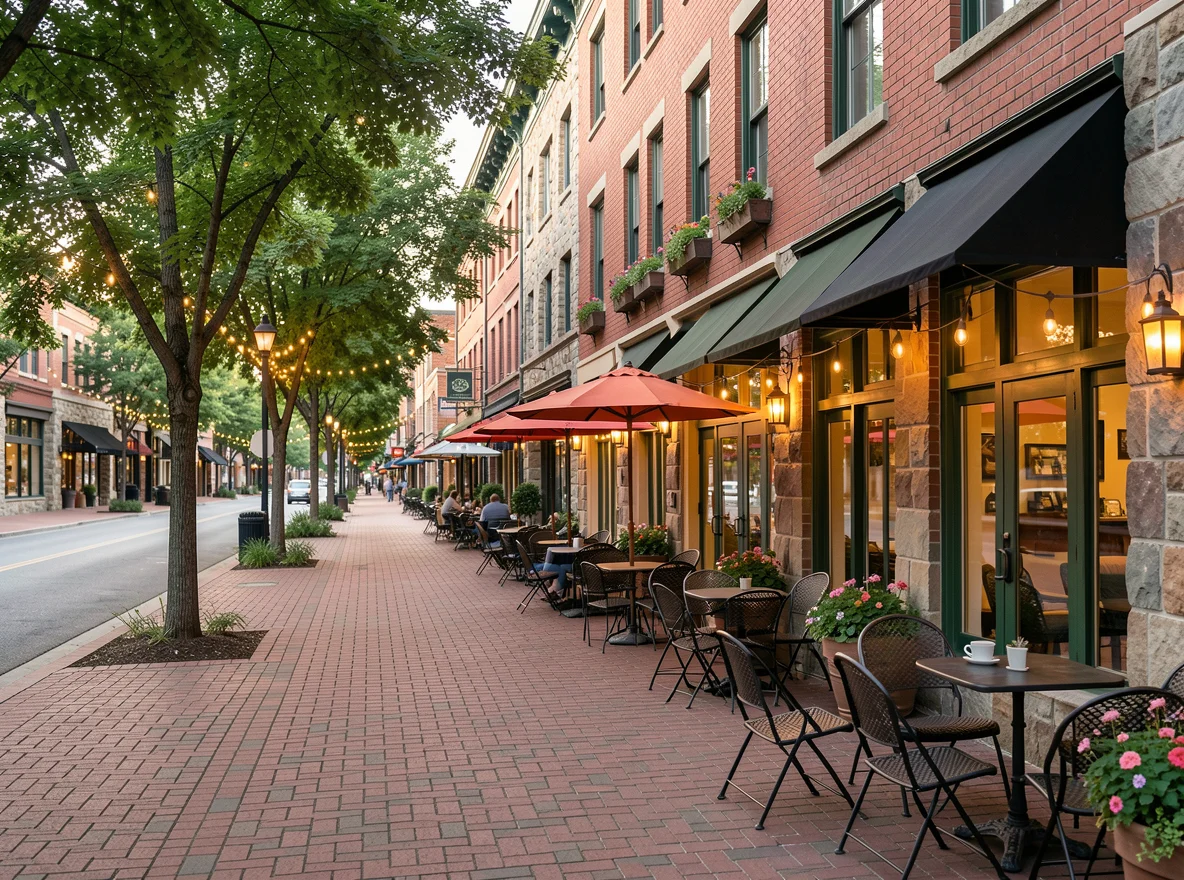 Walkable district in Boulder with shops and polished streetscape