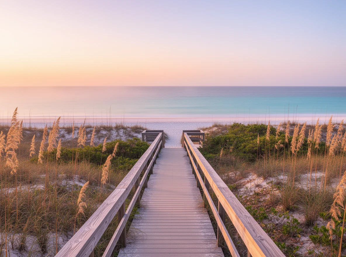 Dune walkover and sea oats near the beach in Santa Rosa Beach, Florida