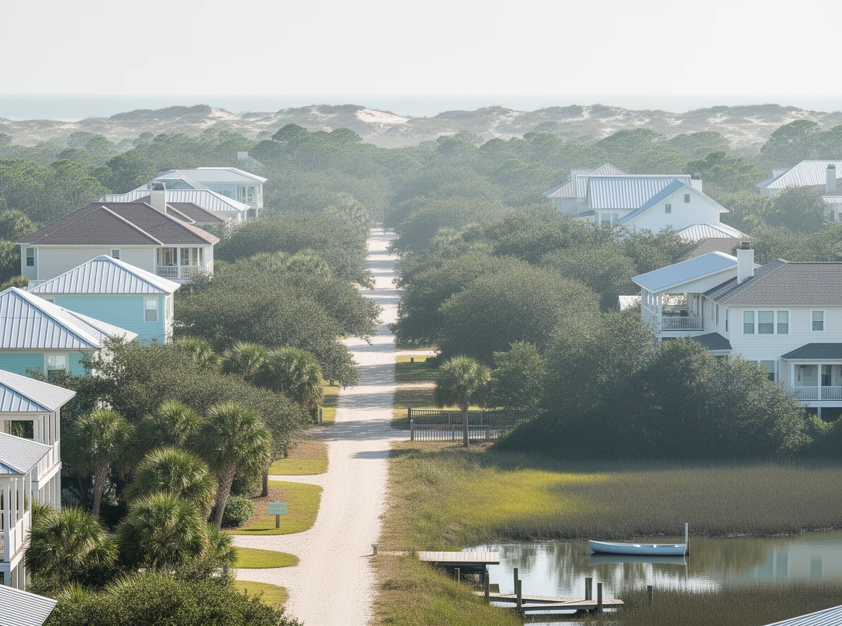 Coastal neighborhood streetscape near 30A in Santa Rosa Beach, Florida