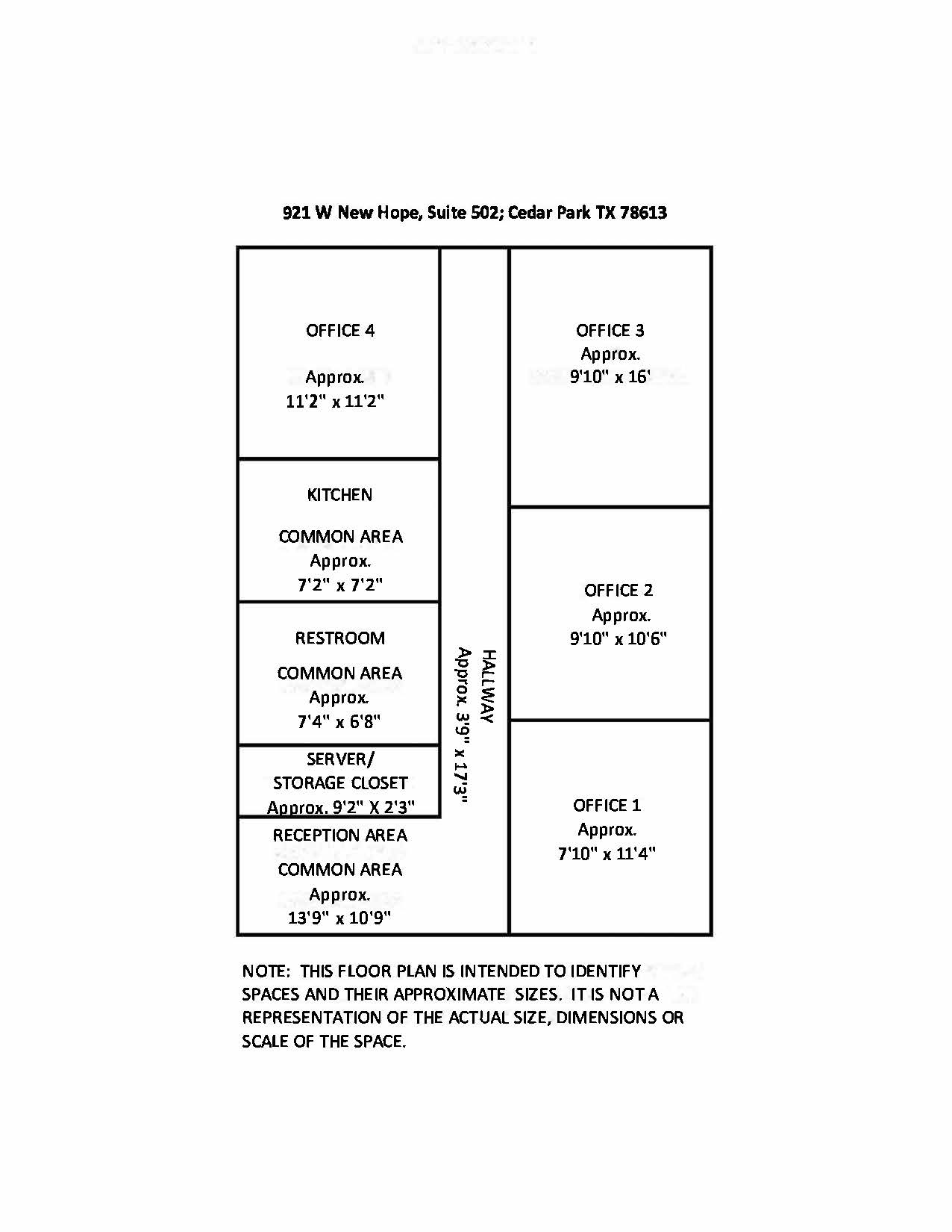 Floor Plan with approximate dimensions of spaces 921 W New Hope Ste 502 for Sale