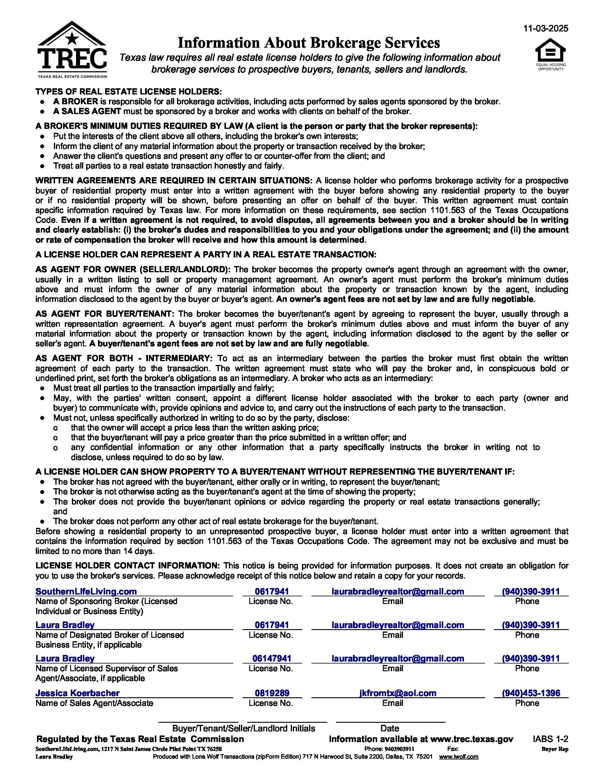 Jessica Koerbacher Information About Brokerage Services