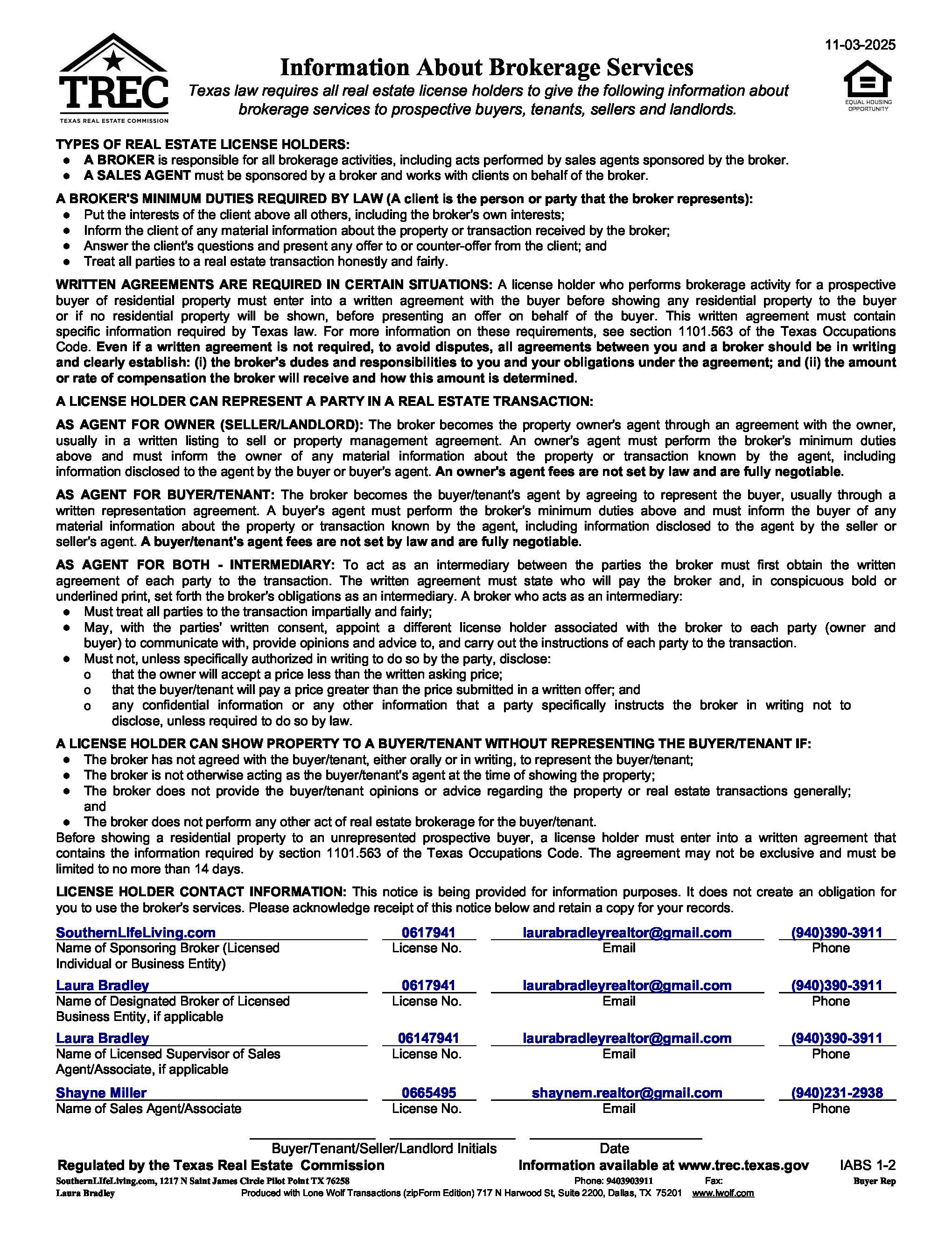 Shayne Miller Information About Brokerage Services