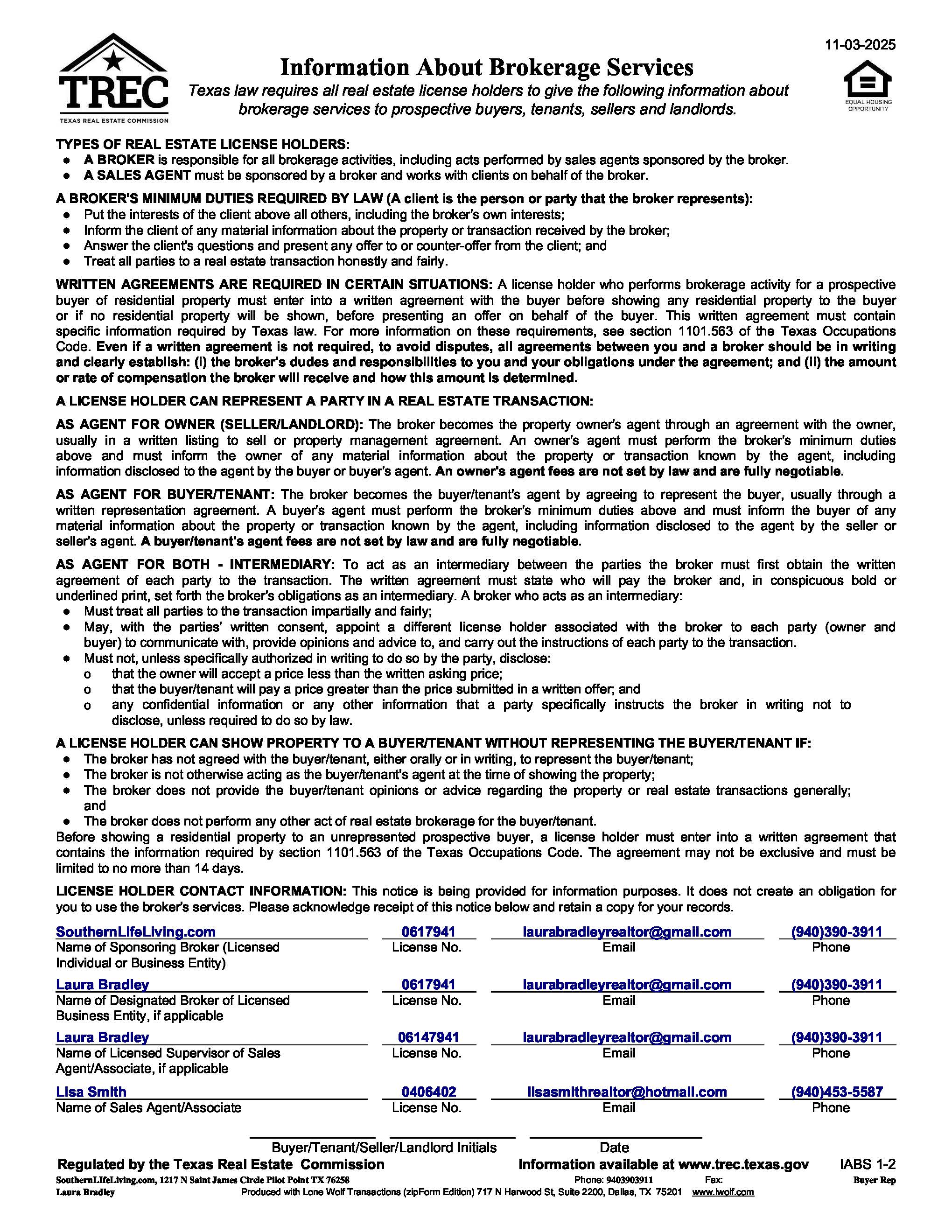 Lisa Smith Information About Brokerage Services