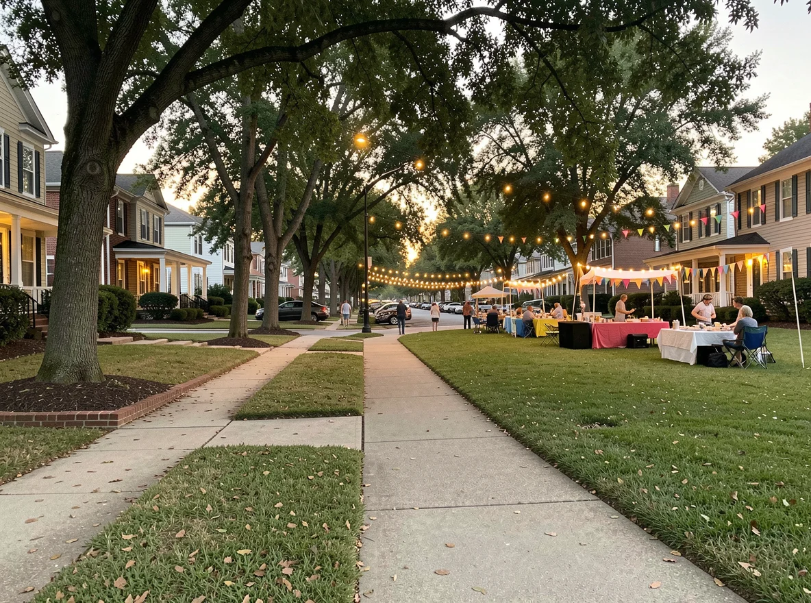 Atlanta neighborhood street with sidewalks and mature trees
