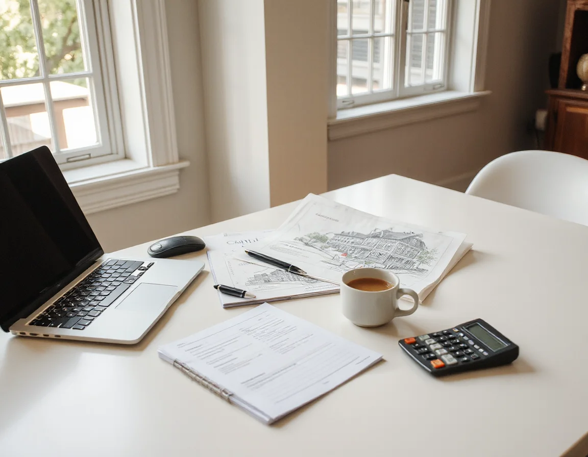 Home buying planning materials arranged on a desk
