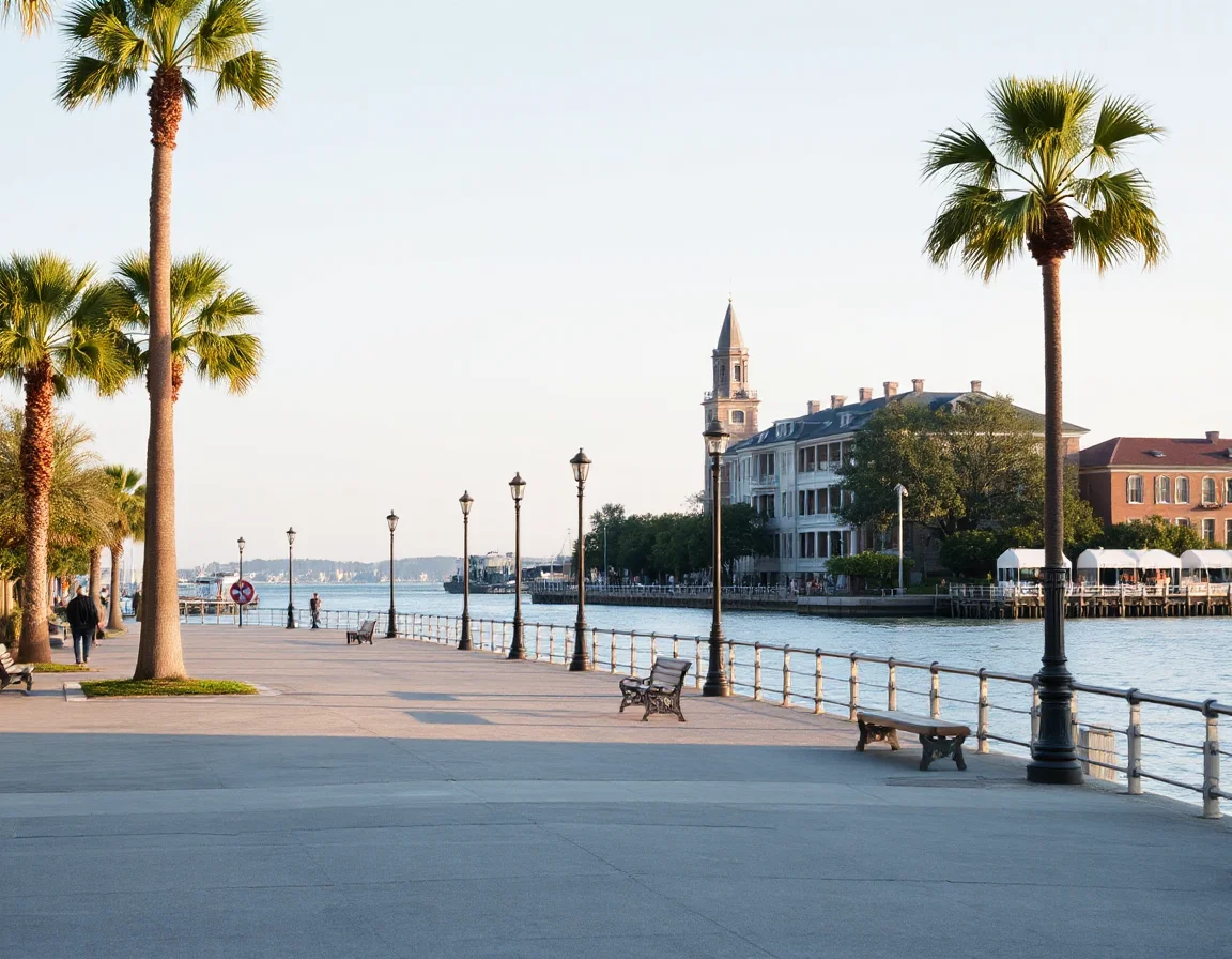 Charleston waterfront promenade beside historic architecture