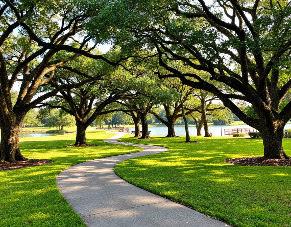Tree-lined walking path beside a pond in I'On