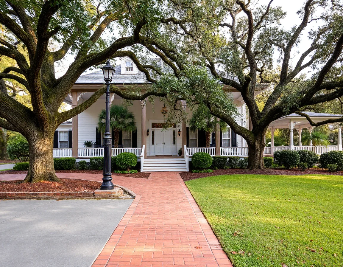 Lowcountry home with porch and landscaped entry