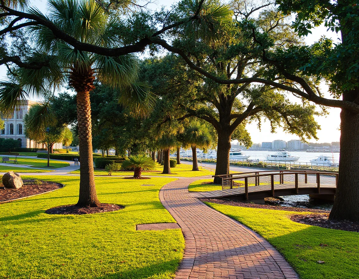 Landscaped Charleston waterfront park with harbor views