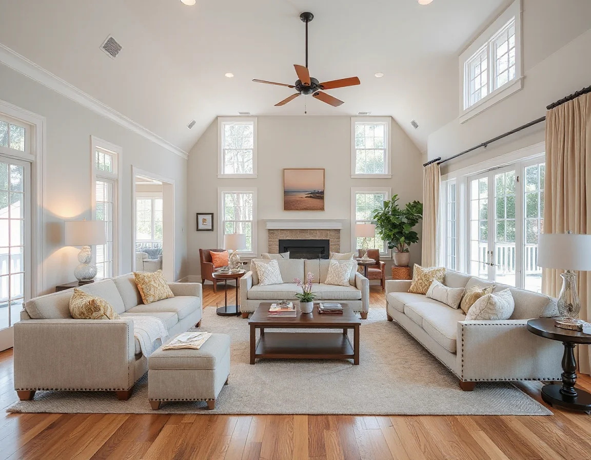 Light-filled coastal living room prepared for listing photography