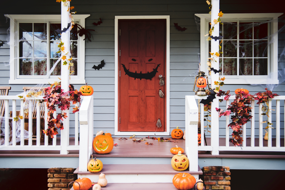 front porch with Halloween decorations