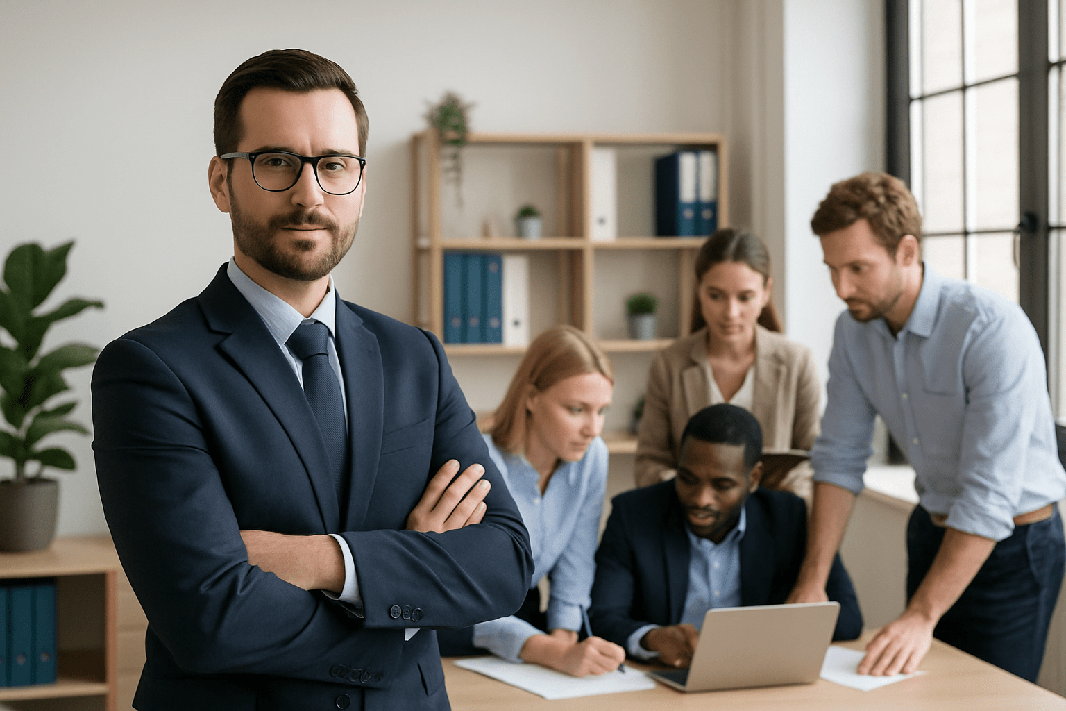 confident leader delegating work and collaborating with his team