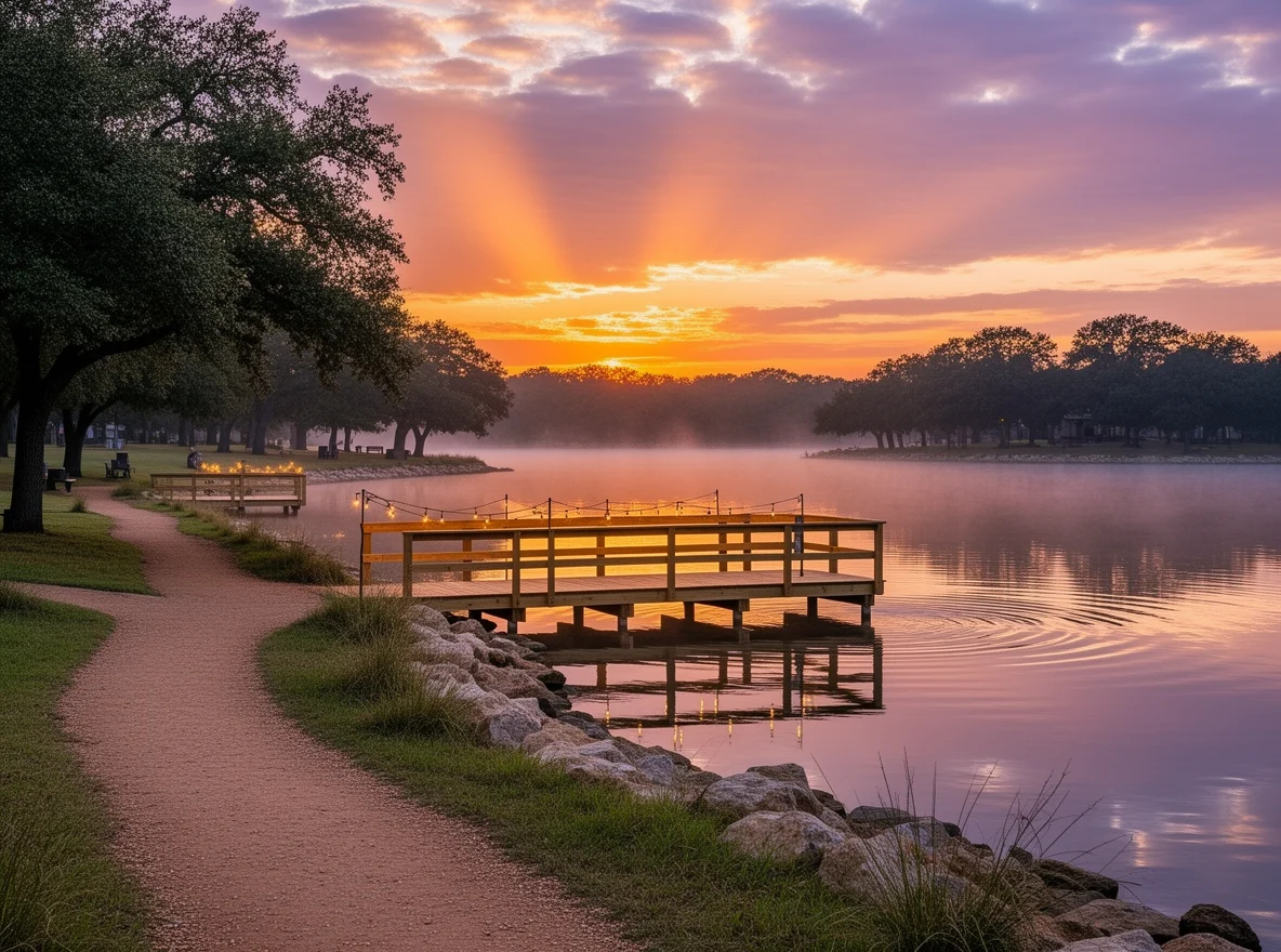 Quiet Texas lake shoreline with docks and trees