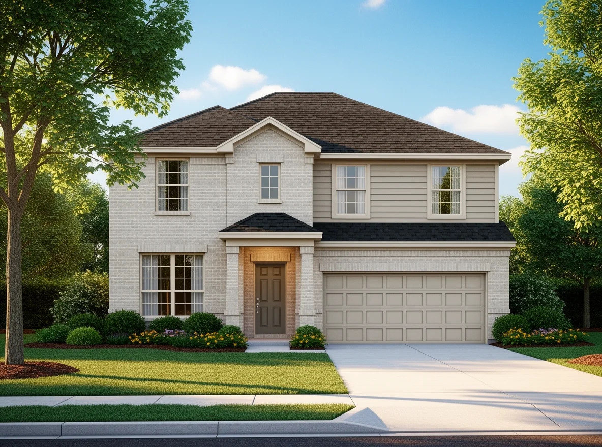 Curb appeal exterior of a Plano, Texas home with mature trees and tidy landscaping